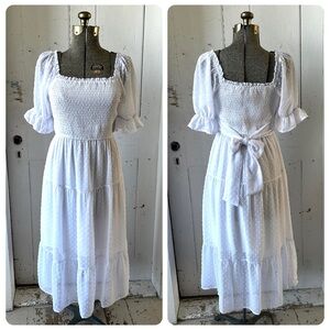 Merokeety White Long Sleeve Midi Dress with Smocked Bodice